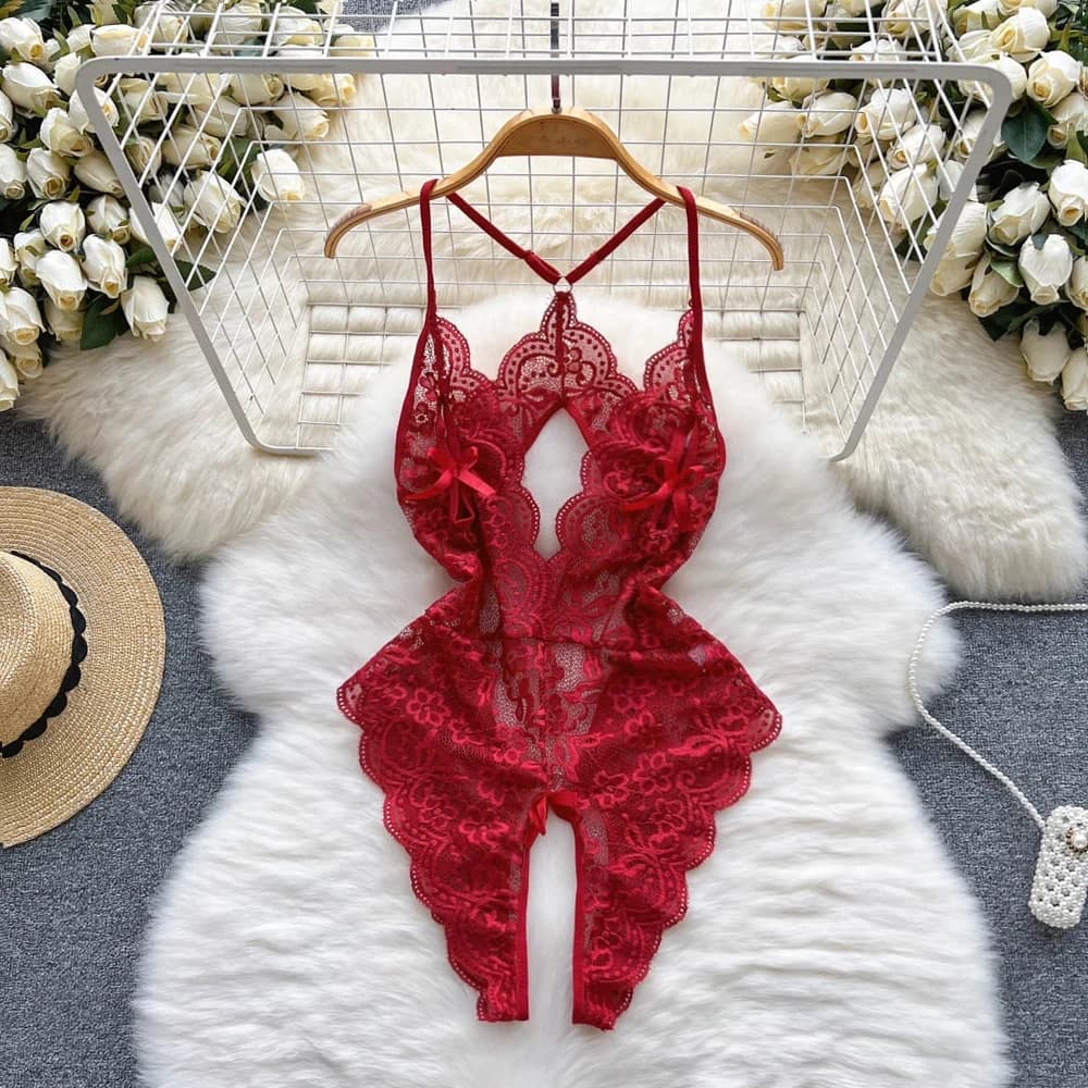 Hollow Backless Strap Playsuit Deep V-neck Lace Transparent Slim Bow Body Sexy Women's pyjamas lingerie