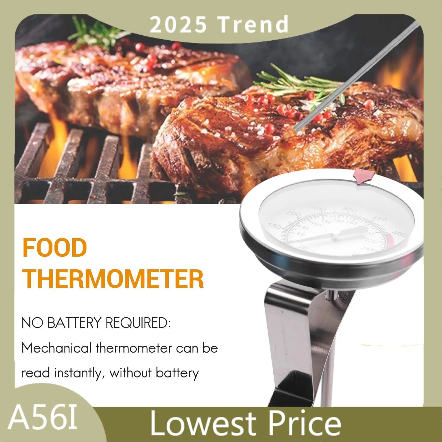 ABDD Termometro meccanico per carne da 12 pollici a lettura istantanea, stelo lungo, impermeabile, nessuna batteria richiesta, terapia per friggere in acciaio inossidabile