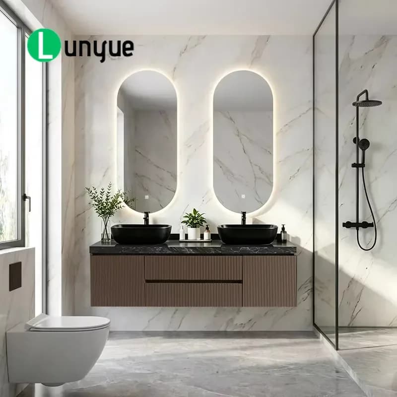 1500mm Modern Luxury Double Sink Wall Mounted Bathroom Vanity Fluted Plywood Cabinet Eco Friendly With Two LED Mirrors For