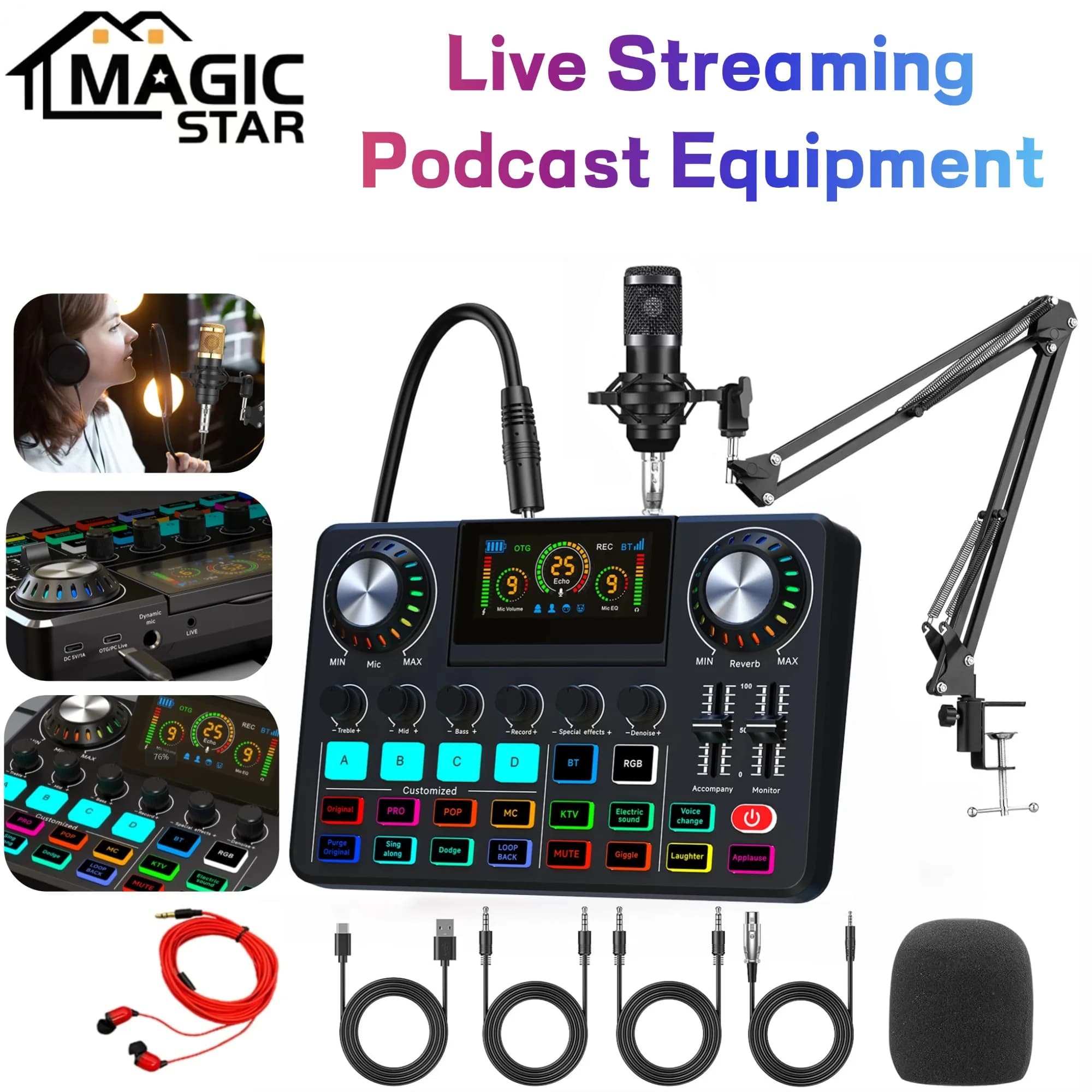 Set di attrezzature per podcast live, mixer audio professionale con effetti mixer DJ, scheda audio live con cambio voce per streaming, podcasting