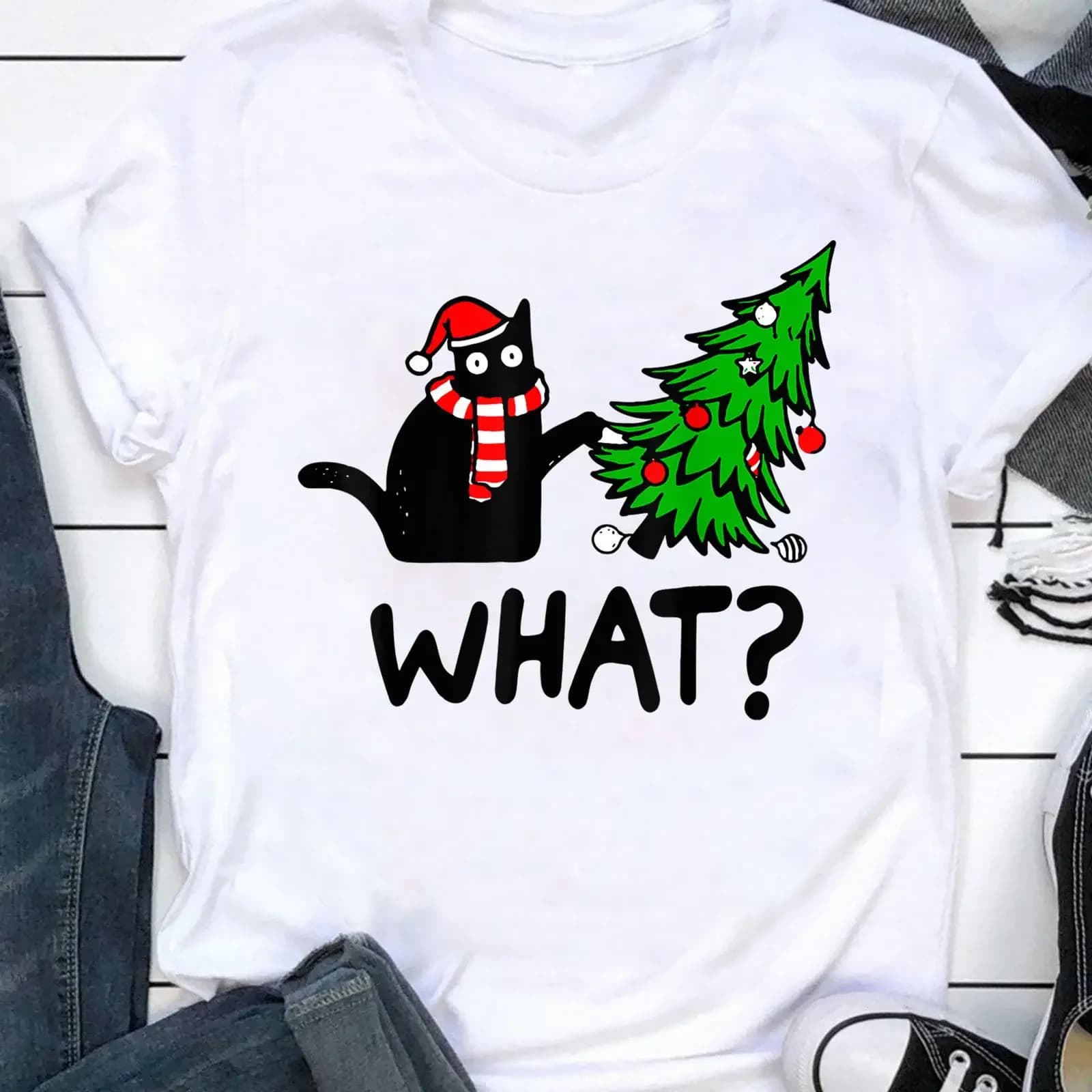 Funny Black Cat Pushing Christmas Tree Over What T Shirt Meowy Animal Lover vintage Washed fashion homme Casual graphic Stylish