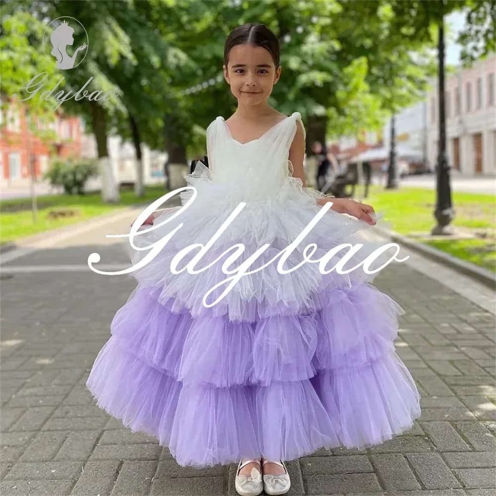 Abito da ragazza di fiore classico semplice con pieghe, scollo a V, senza maniche, lunghezza alla caviglia, formale, lungo, elegante abito da prima comunione personalizzato
