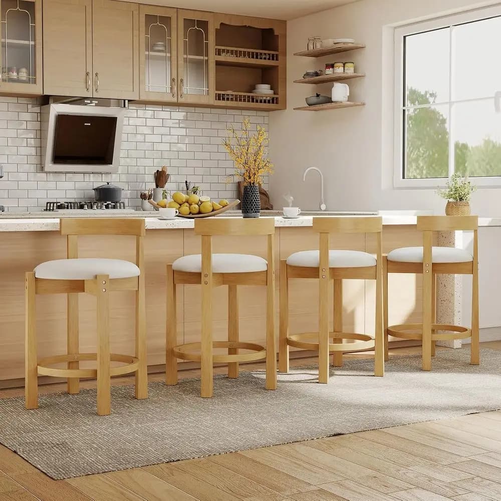 Set di 4 Sgabelli Imbottiti Altezza Bancone, Sedie da Cucina con Schienale Basso e Gambe in Legno di Gomma Massiccio, Finitura Naturale per Sala da Pranzo