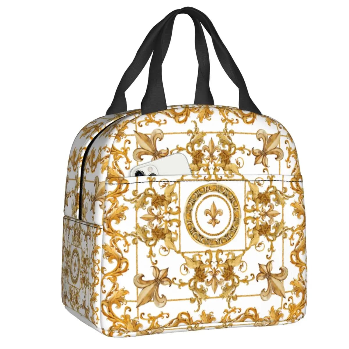 Borsa per il pranzo con ornamento del leone dorato e damascato, per le donne, contenitori per il pranzo isolati caldi e freddi per la scuola dei bambini