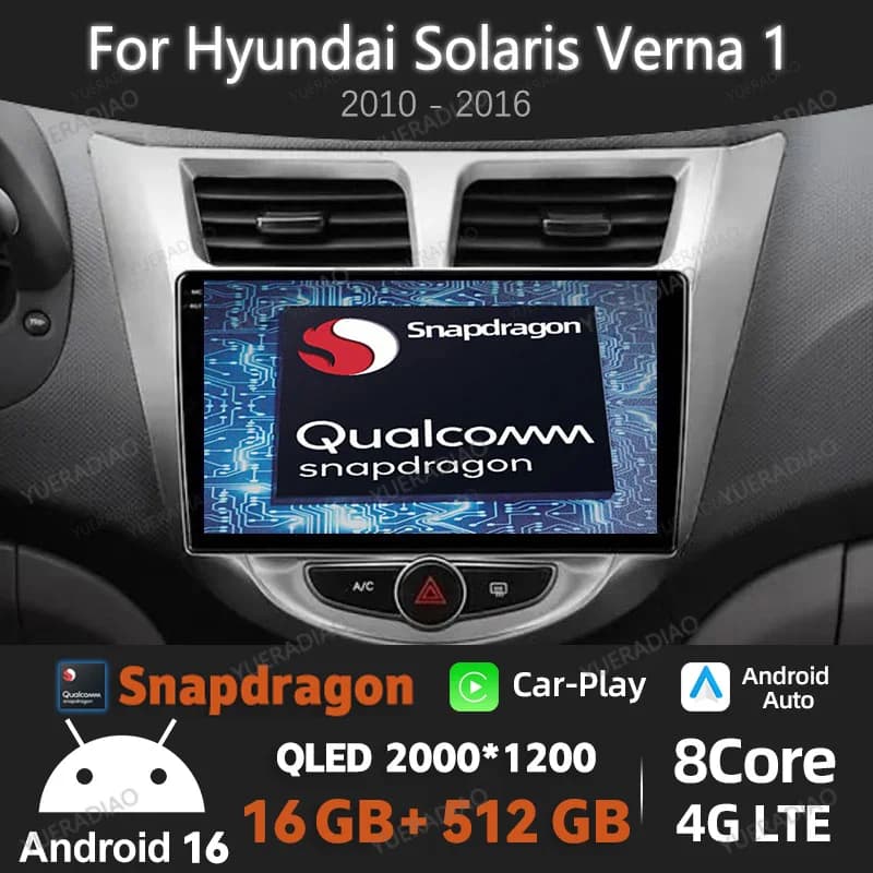 Autoradio Android 16 per Hyundai Solaris Verna Accent 1 2010 - 2016 Lettore Multimediale Stereo Video 2DIN QLED GPS NAVI