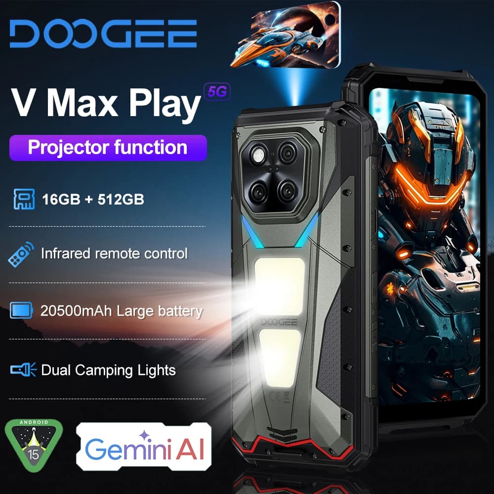 DOOGEE V Max Play Proiettore Telefono Robusto 16 GB + 512 GB 20500 mAh 200 MP Smartphone 5G Display 6,78" Doppie Luci da Campeggio Android 15 NFC