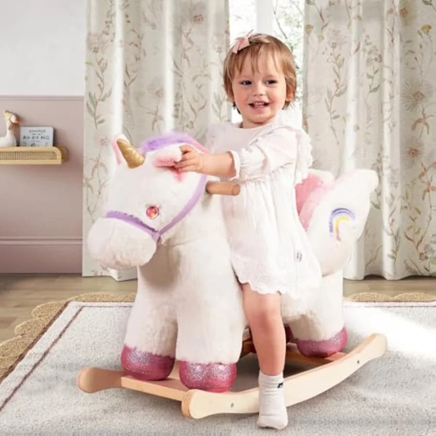 Cavallo a Dondolo per Bambini, Unicorno in Legno per Bambini di 1 Anno, Simpatico Animale a Dondolo Imbottito Rosa per Neonati