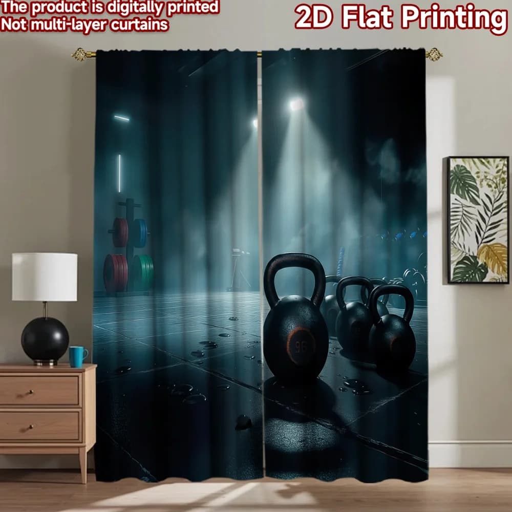 2D flat 2pcs Curtain Retro Country Style Moody Gym Kettlebells Digitally printed polyester, colorfast Family Party Decoration