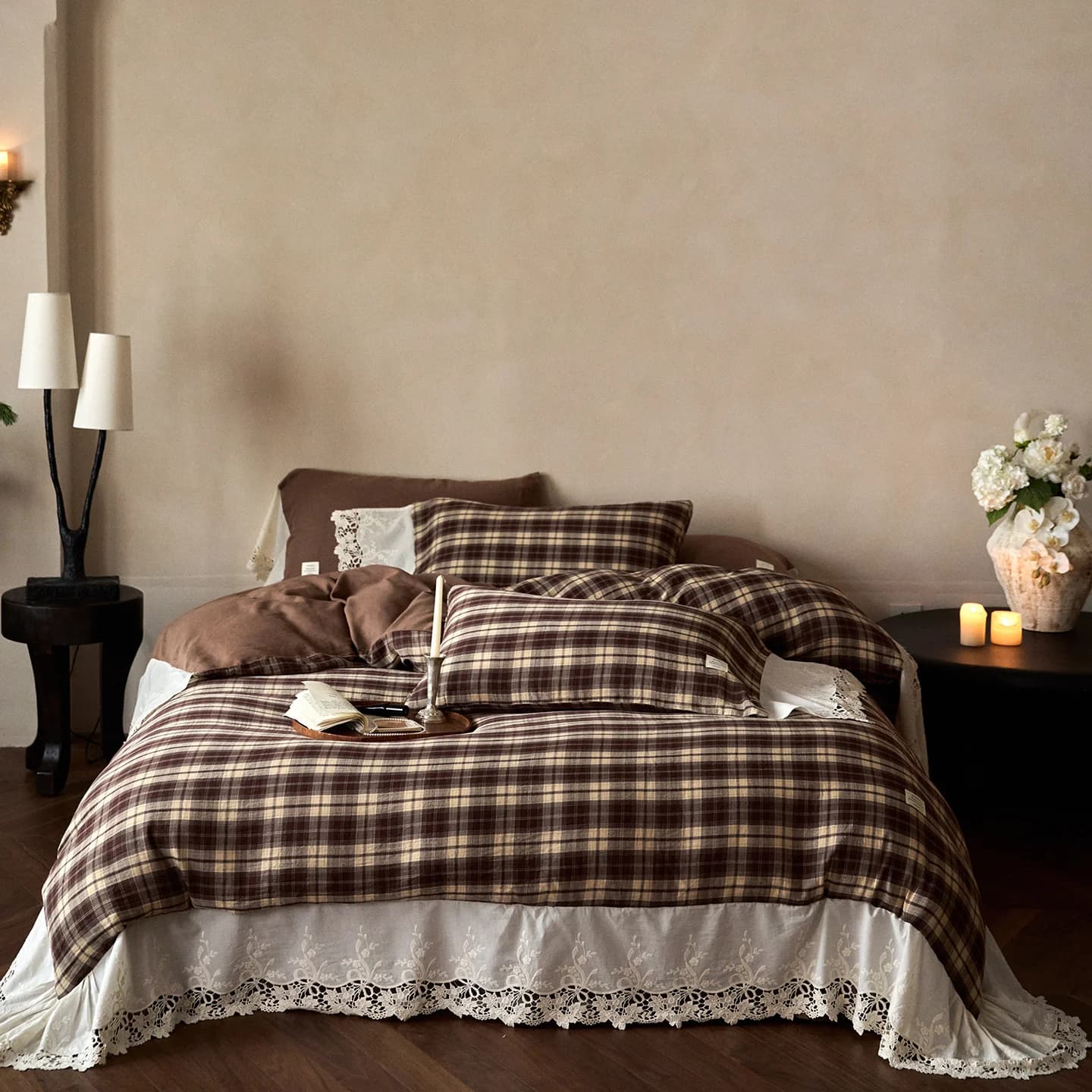 Colorful Korean Style Bed Linen Set, 100% Cotton Yarn Tinto with Lace, Copripiumin/Lenzuolo/Coprimaterasso/Feder 4 Pieces
