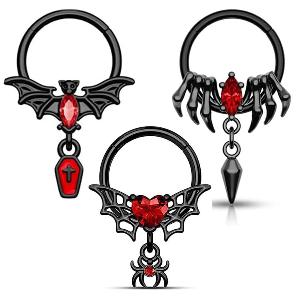 Halloween 16G Black Bat Skeleton Hand Cross Dangle Nose Septum Ring for Women Stainless Steel 10mm Earrings Piercing Jewelry