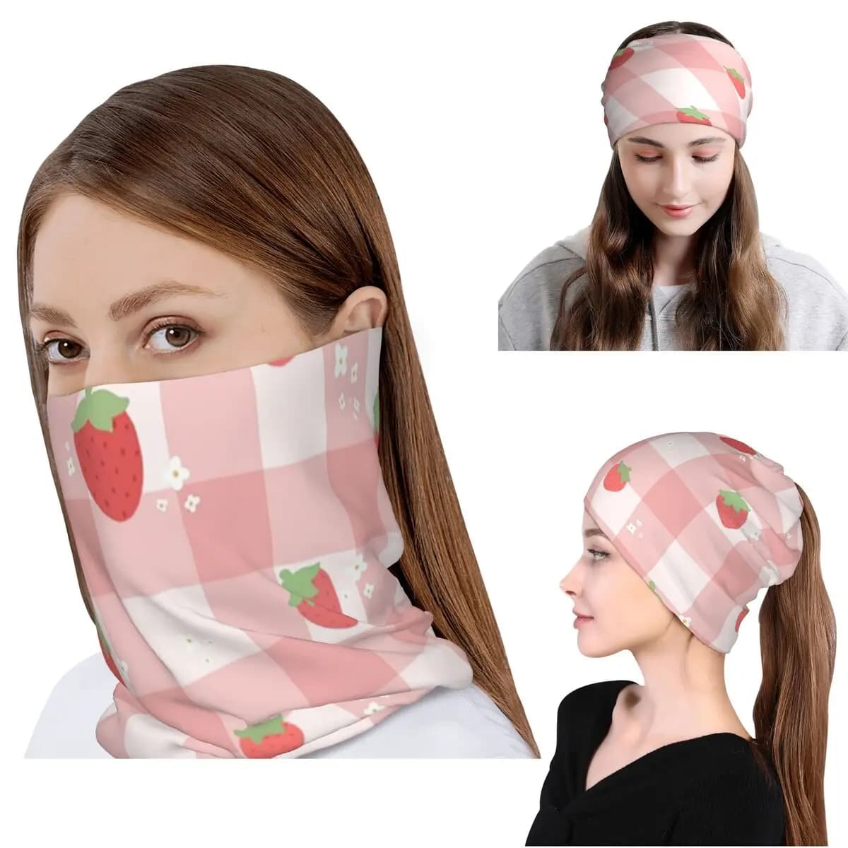 Bandana a quadri con stampa fragole, copricollo, maschera, sciarpa, balaclava multiuso, berretto, cappello, unisex, per adulti, lavabile