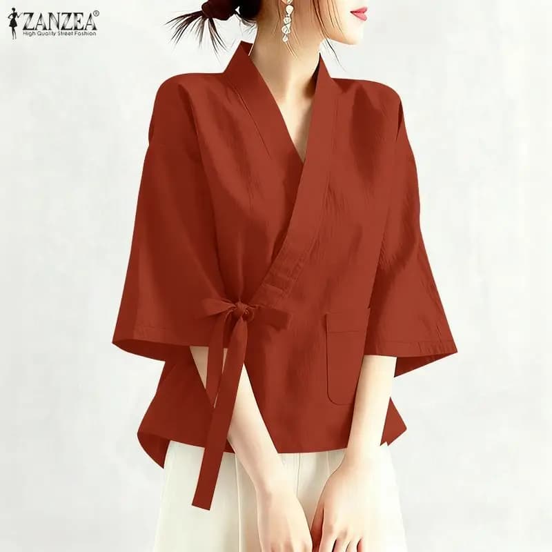 2026 ZANZEA Top Estivo da Donna con Scollo a V Incrociato e Mezza Manica, Blusa Tendenza Stile Kimono Giapponese Coreano, Camicia Tinta Unita con Laccetti, Tunica da Lavoro
