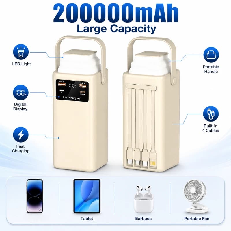 Power Bank da Campeggio da 200.000 mAh, Nuovo Caricabatterie Portatile a Ricarica Rapida con Doppia Porta USB per Esterni