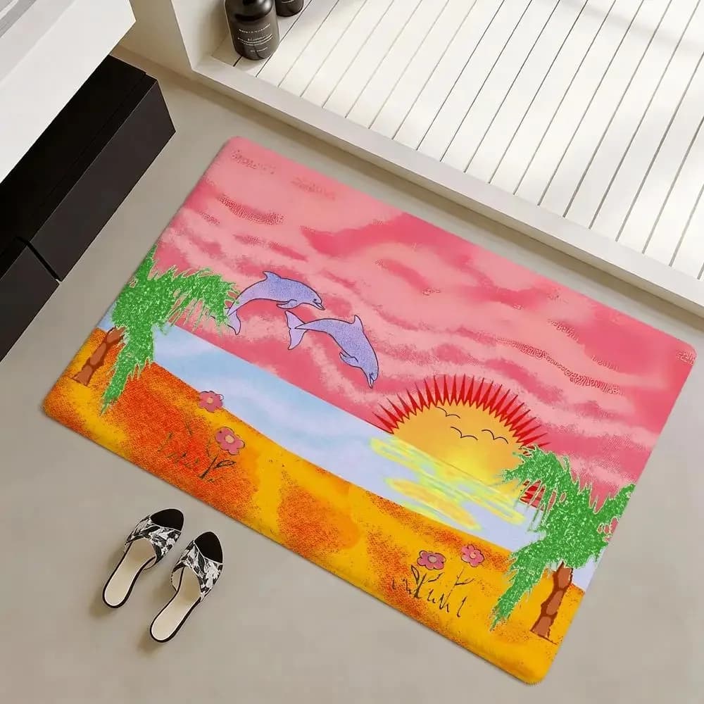 Cartoon Beach Dolphin and Sunset Door Mat Soft Non‑Slip Floor Rug for Kids and Summer Decor
