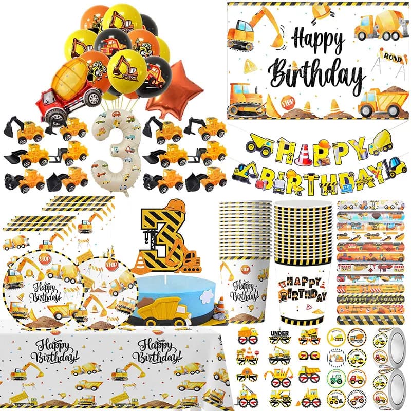 Construction Truck Theme Plate Cup Napkin Balloon Set Construction Birthday Party Decorations Stickers Backdrop Kids Party Favor