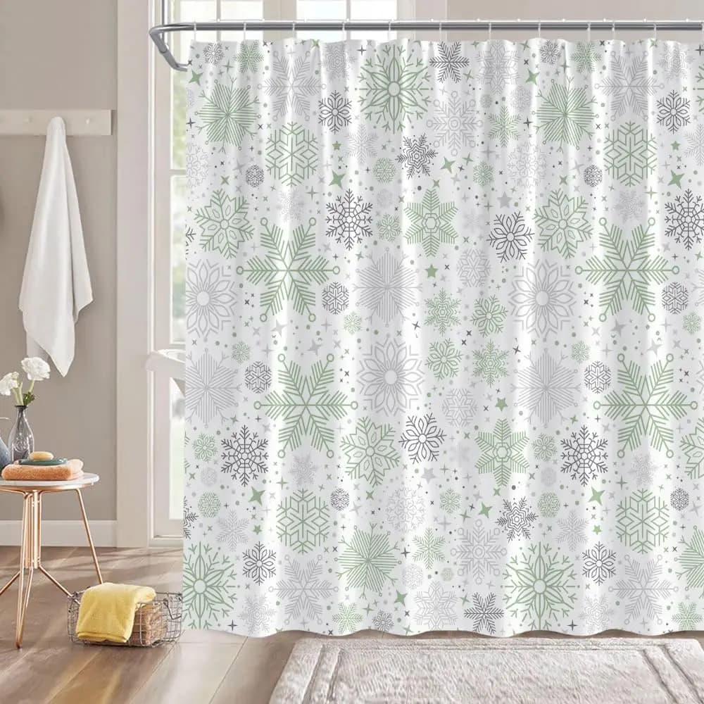 Tenda da doccia con fiocco di neve Natale Buon Natale Vacanze invernali Grigio salvia Verde Fiocco di neve Tessuto vintage rustico vintage