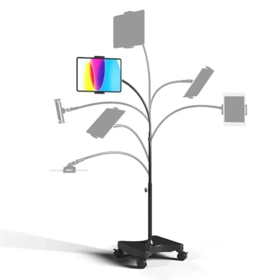 Adjustable Height Floor Stand on Wheels for Tablet Phone - Gooseneck Holder Mount with Stable Steel Base - Black - Supports 4-1