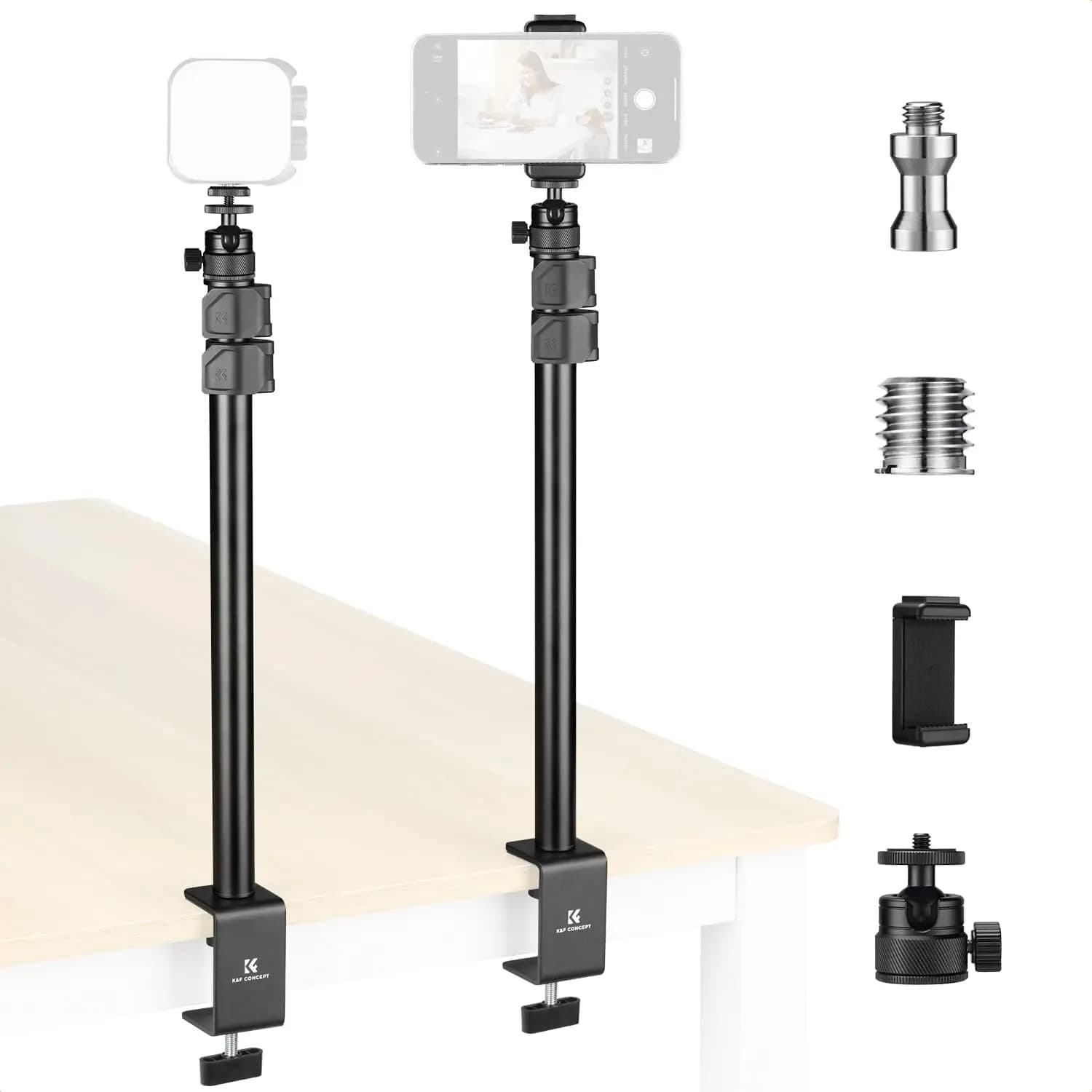 Supporto da tavolo per fotocamera con rotazione a 360°, confezione da 2 ° Supporto per Luce con Testa a Sfera e Clip per Telefono - Stativo Regolabile 16-37 Pollici, Morsetto a C da Tavolo per DSLR, R