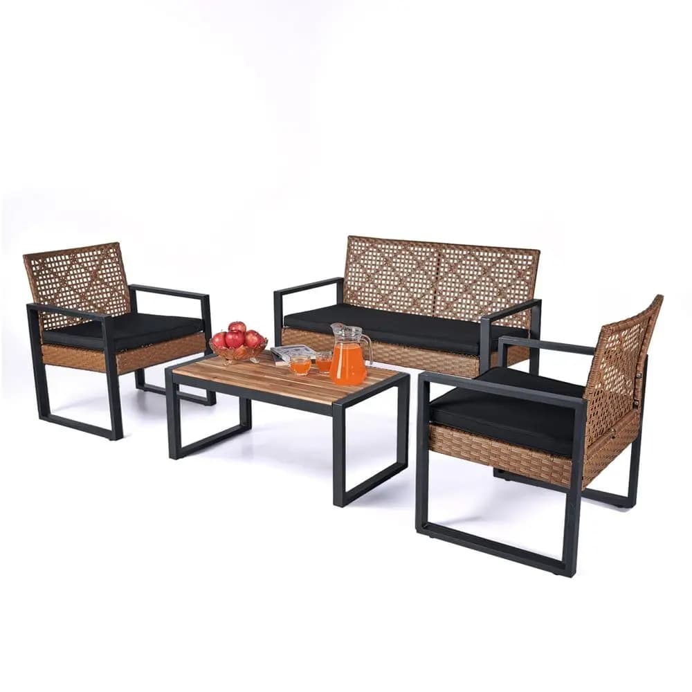 Outdoor conversation set in patio wickers, 4 pieces, acacia wood table, 2 rattan chairs, 1 sofa, 2 cushions, weatherproof, Ea