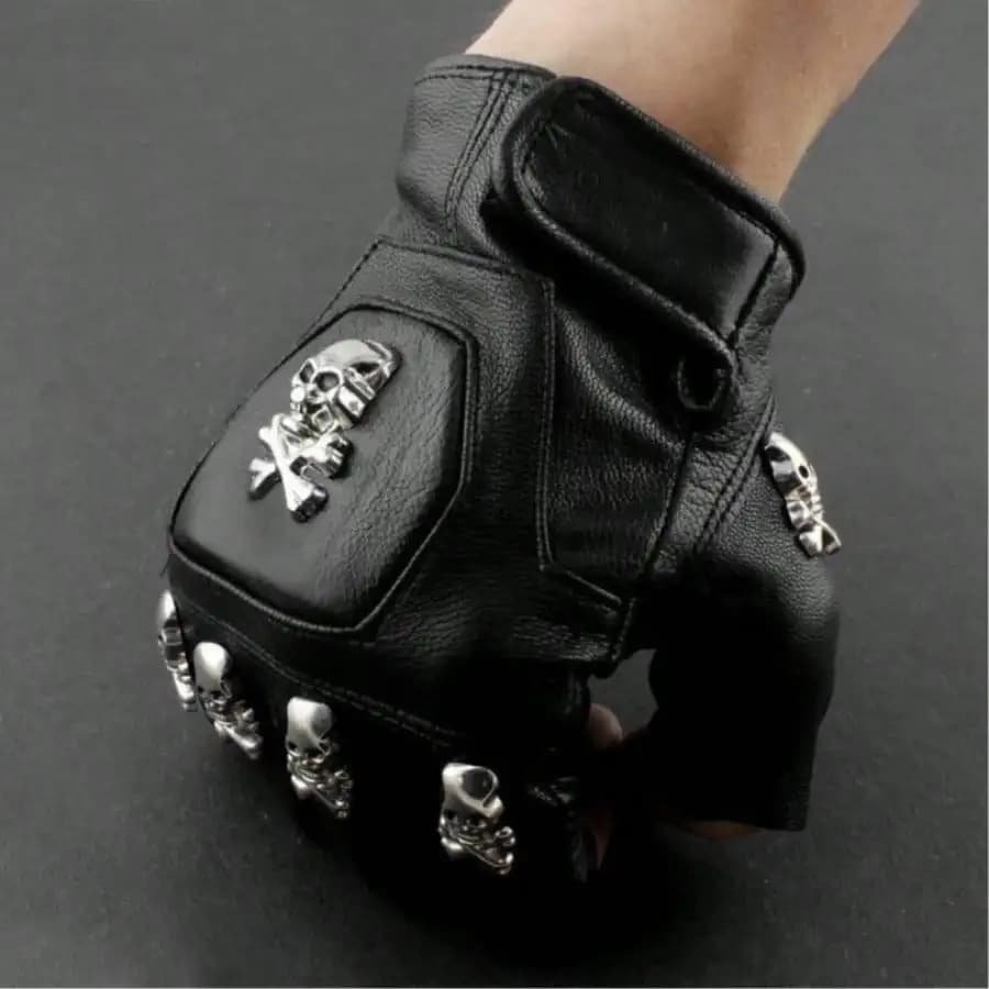 Mens Real Leather Skull Punk Rocker Driving Motorcycle Biker Fingerless Gloves，sm25051313996018177