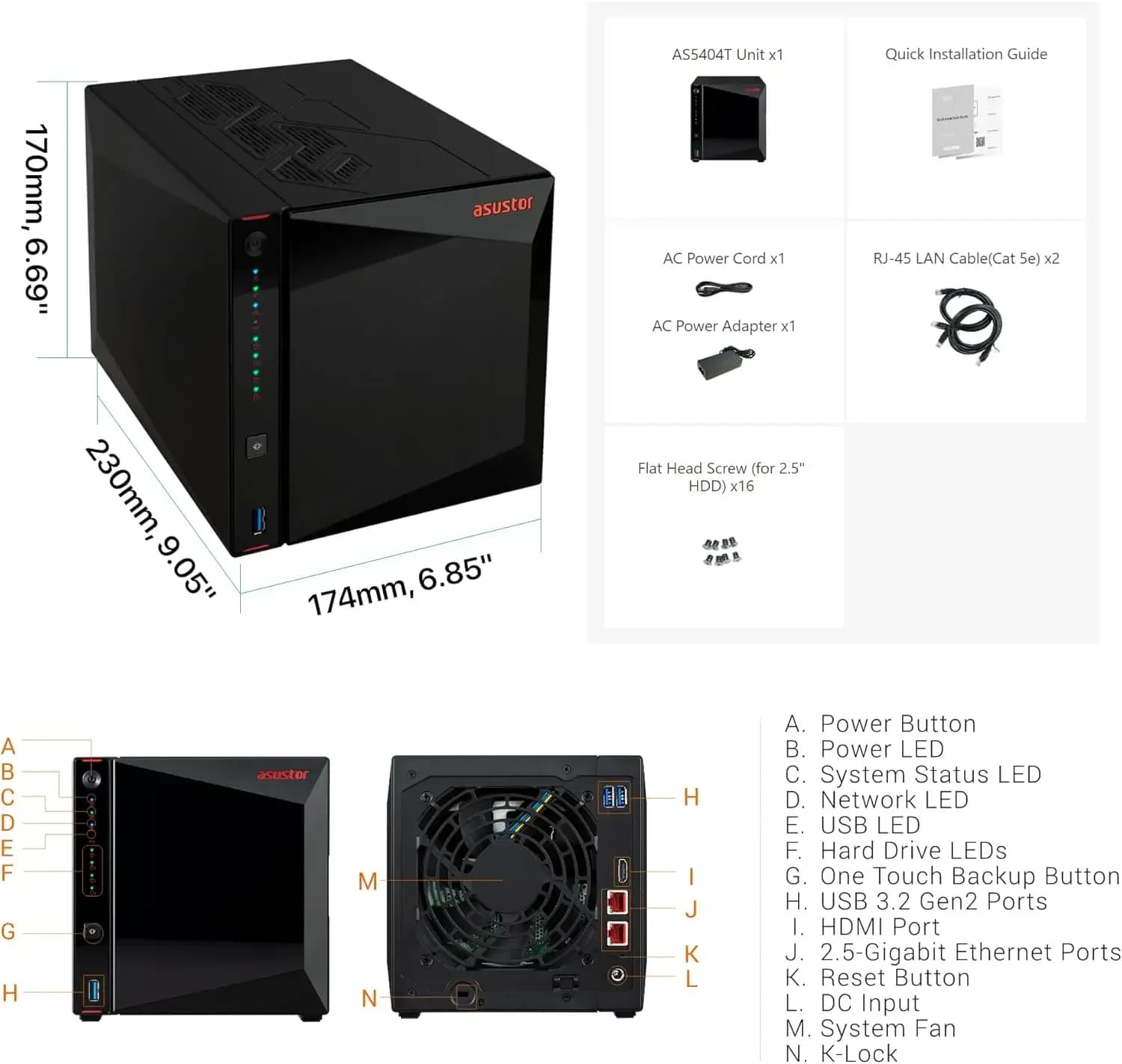 ASUSTOR Network Attached Storage Diskless AS5404T 4Bay NAS Intel Quad-Core 2GHz CPU 4xM.2 NVMe SSD Slot 2x2.5G Port 4G DDR4 RAM