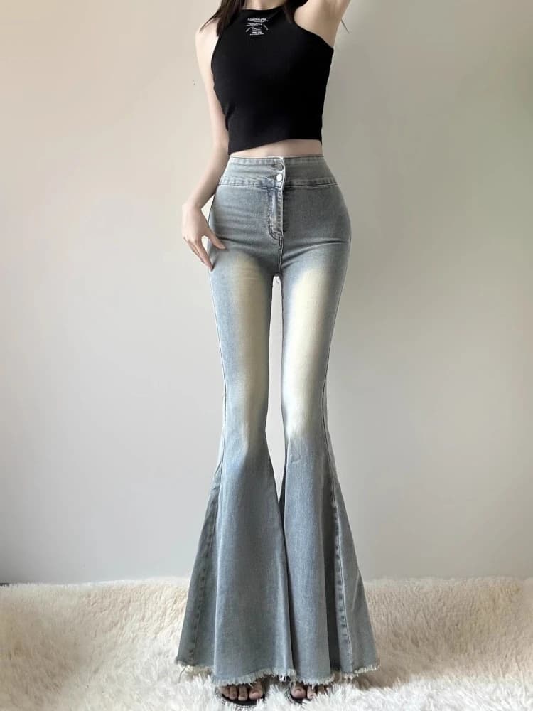 American Retro Flare Jeans Women High Waist Slim Fit Ripped Hem Bootcut Bell Bottoms Spring Fall