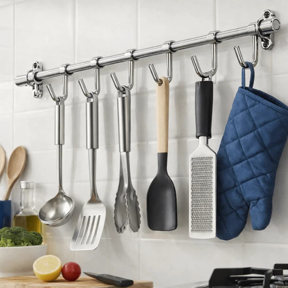 Portautensili da Cucina in Acciaio Inox Montato a Parete con Ganci Mobili, Salvaspazio per Riporre Utensili