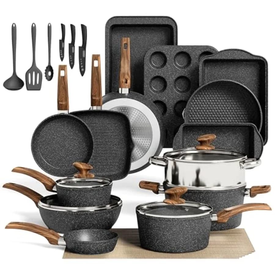 Set di Pentole da Cucina Antiaderenti da 30 Pezzi con Rivestimento in Granito, Pentole e Padelle Nere con Teglia, Padella e Casseruola