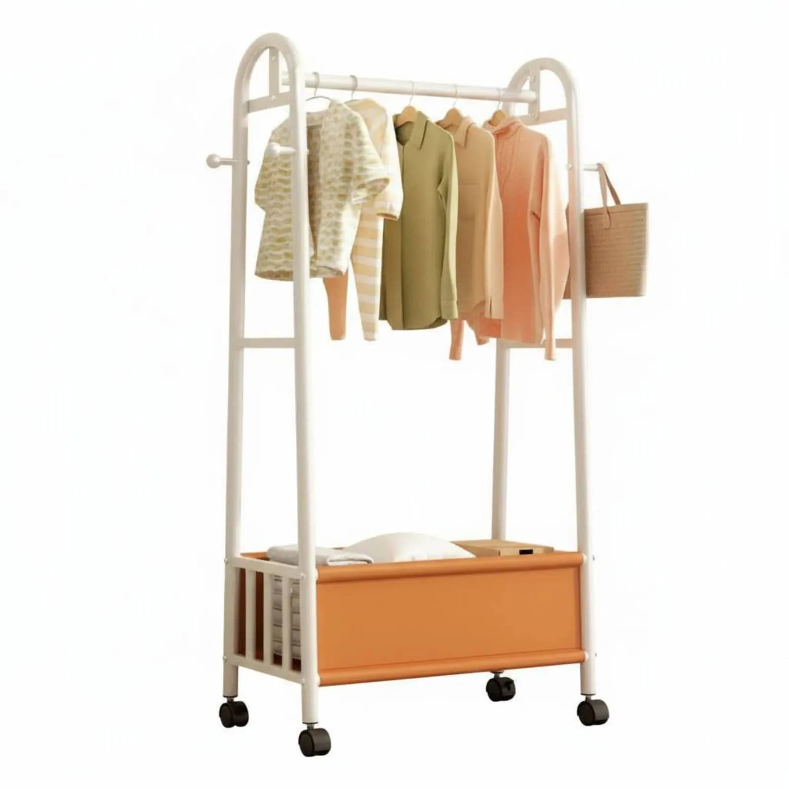 Appendiabiti con ruote e ripiano, organizer multifunzionale per vestiti con contenitore, robusto, con ruote bloccabili.