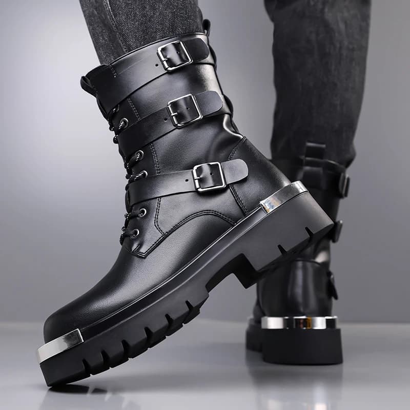 Stivali da uomo casual hip hop rock con plateau alto, neri, alla moda, in vera pelle, stivali da cowboy lunghi, firmati, da motociclista, botas uomo