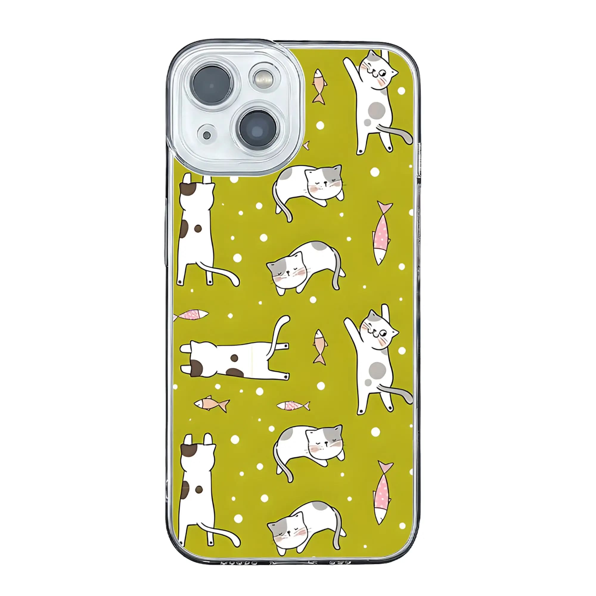 Cover anti-collisione con motivo gattini giocosi e pesciolini per iPhone 17 16 15 14 13 12 11 Pro Max