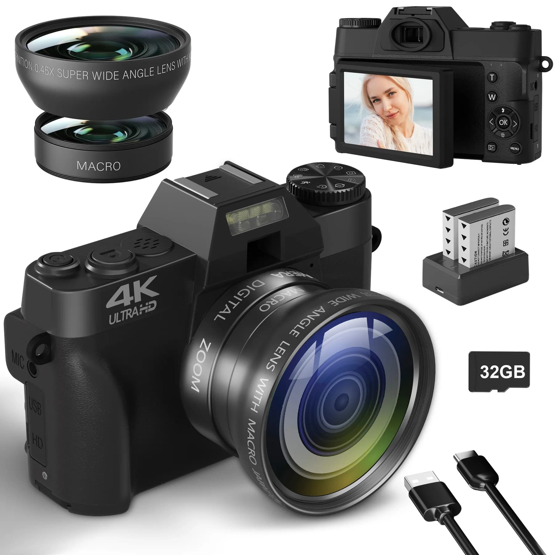 Fotocamera digitale compatta per fotografia Webcam WIFI 4K Registratore Vlog retrò Videocamera YouTube 64MP Obiettivo grandangolare con schermo ribaltabile da 3 pollici