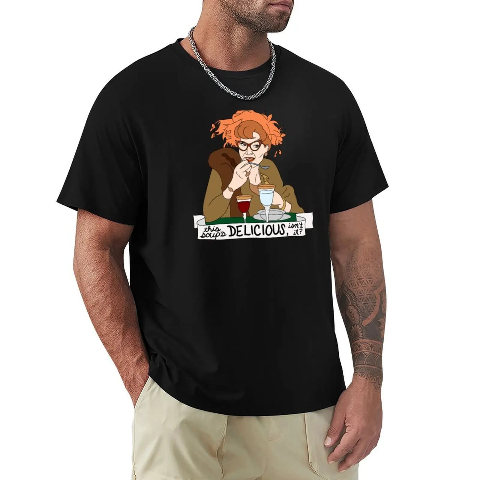 T-shirt Mrs Peacock Loves Soup T-shirt in morbido cotone con stampa
