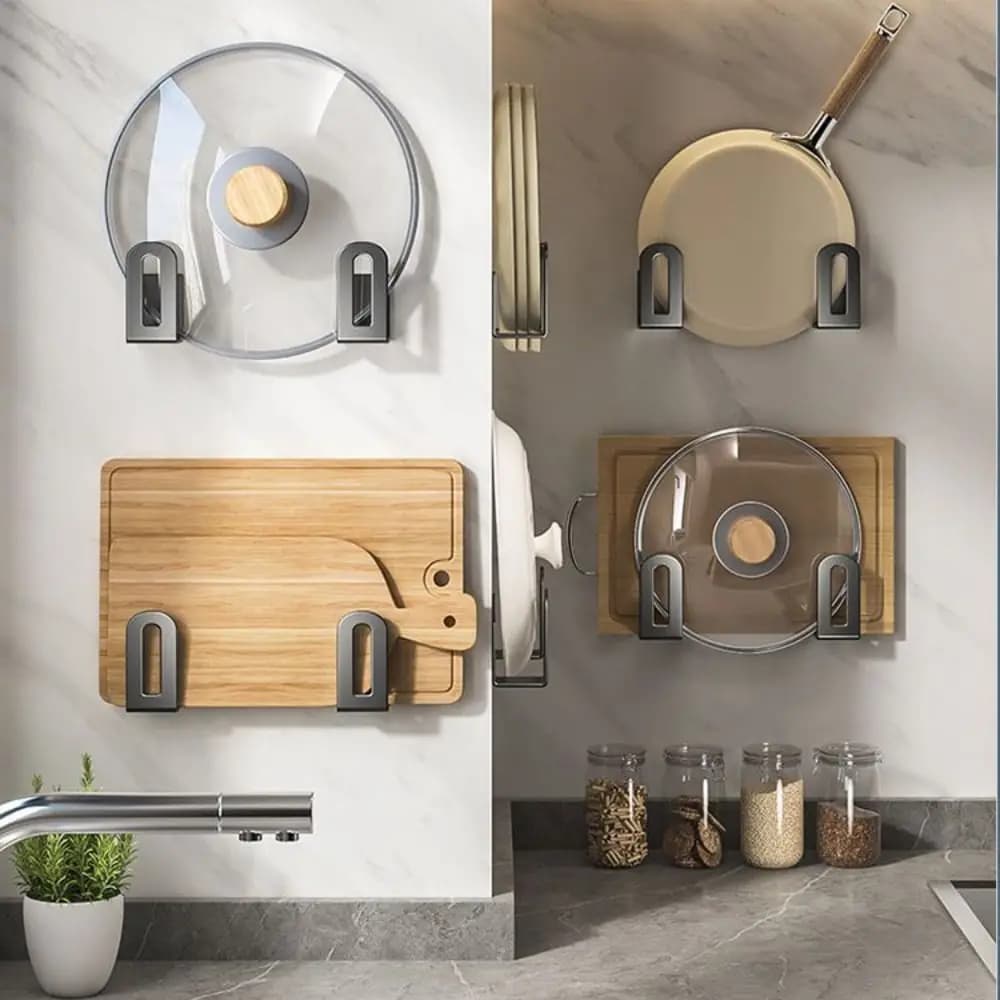 Set di 2 Pezzi Porta Coperchi da Parete in Acciaio Inox, Supporto per Coperchi Nero/Grigio/Argento, Salvaspazio e Regolabile