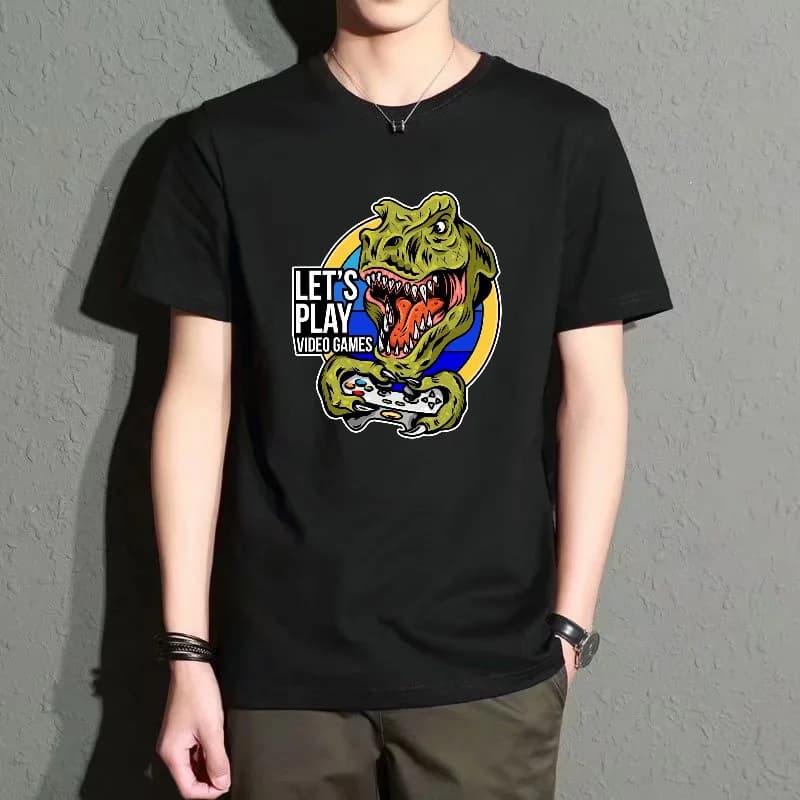 Men's Black Round-Neck Short-Sleeved T-Shirt with Dinosaur Game Controller Print, Casual Street Style Loose Fit, Trendy and Versatile for Everyday Wear, Comfortable and Breathable
