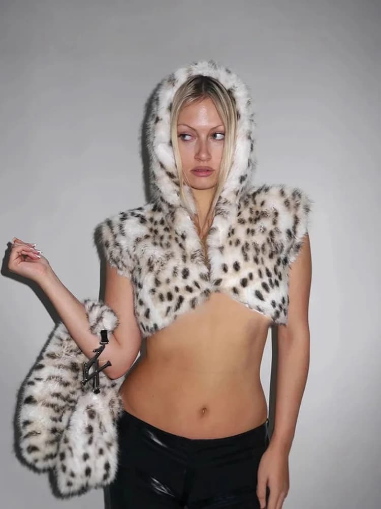 2026 Sexy Giacca Corta con Cappuccio in Finta Pelliccia Stampa Leopardata, Tendenza Abbigliamento Donna, Cosplay Halloween, Gilet in Finta Pelliccia, Top in Pelliccia da Donna Y2K