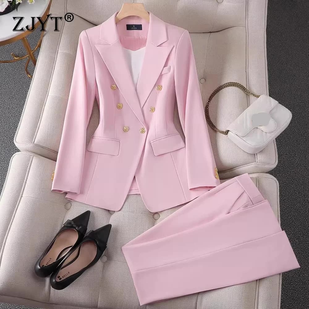 ZJYT Autumn Women Elegant Business Blazer Pant Sets Office Lady Plus Size Matching Trousers Suits 2 Piece Conjuntos Para Mujeres