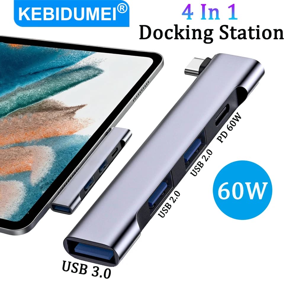 Hub USB 3.0 4 in 1, docking station USB-C con PD 60W, splitter USB multiporta, adattatore da USB-C a USB OTG per Xiaomi, Lenovo, Macbook