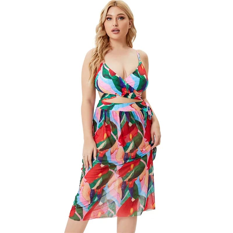 Set bikini Donna Costumi da bagno taglie forti Donna Costume da bagno 2 pezzi a vita alta con copricostume Seni grandi Costume da bagno Sarong da spiaggia