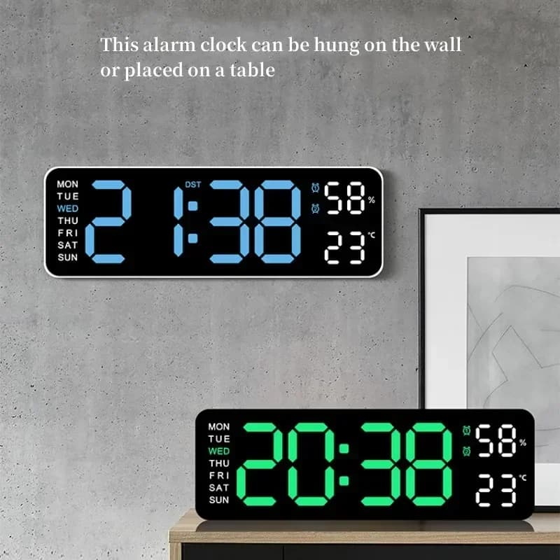 9 Inch Large Digital Wall Clock Powered via USB TEMP Moisture Automatic DST Countertop Clock Table Clock LED Electronic Alarm Clock 12/24 Hours