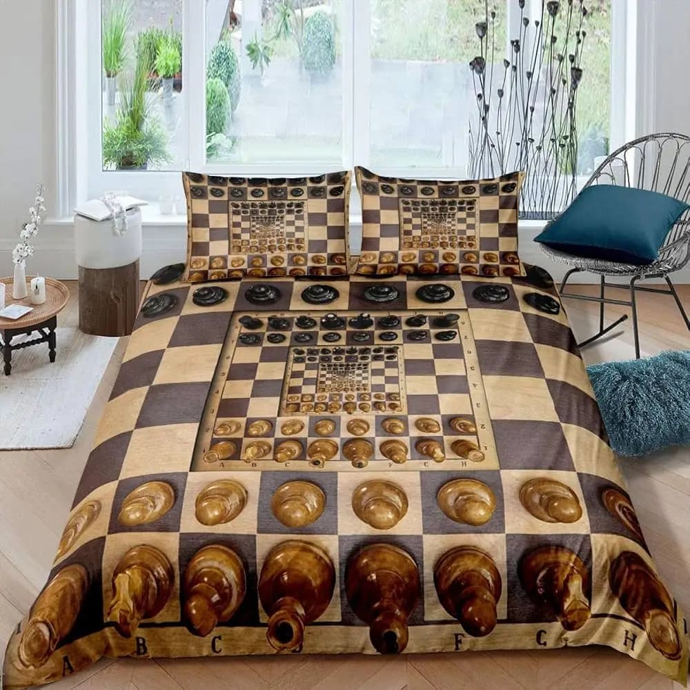 International Chess Duvet Cover Full Queen Size,Chess Board Game Bedding Set for Teens Adults,Fashion Chessboard Comforter Cover