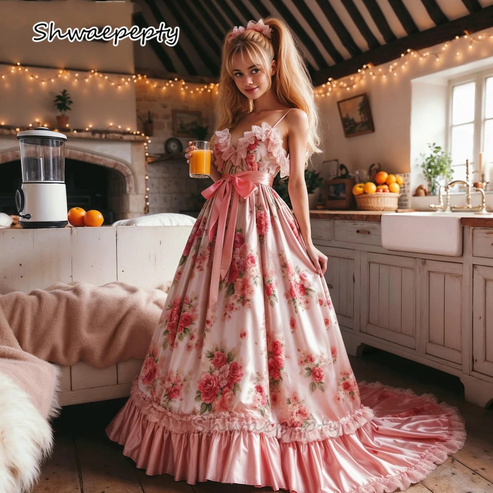 Abito da ballo stampato floreale rosa con spalline in raso a trapezio con volant lungo abito da sera vintage costume cosplay personalizzato