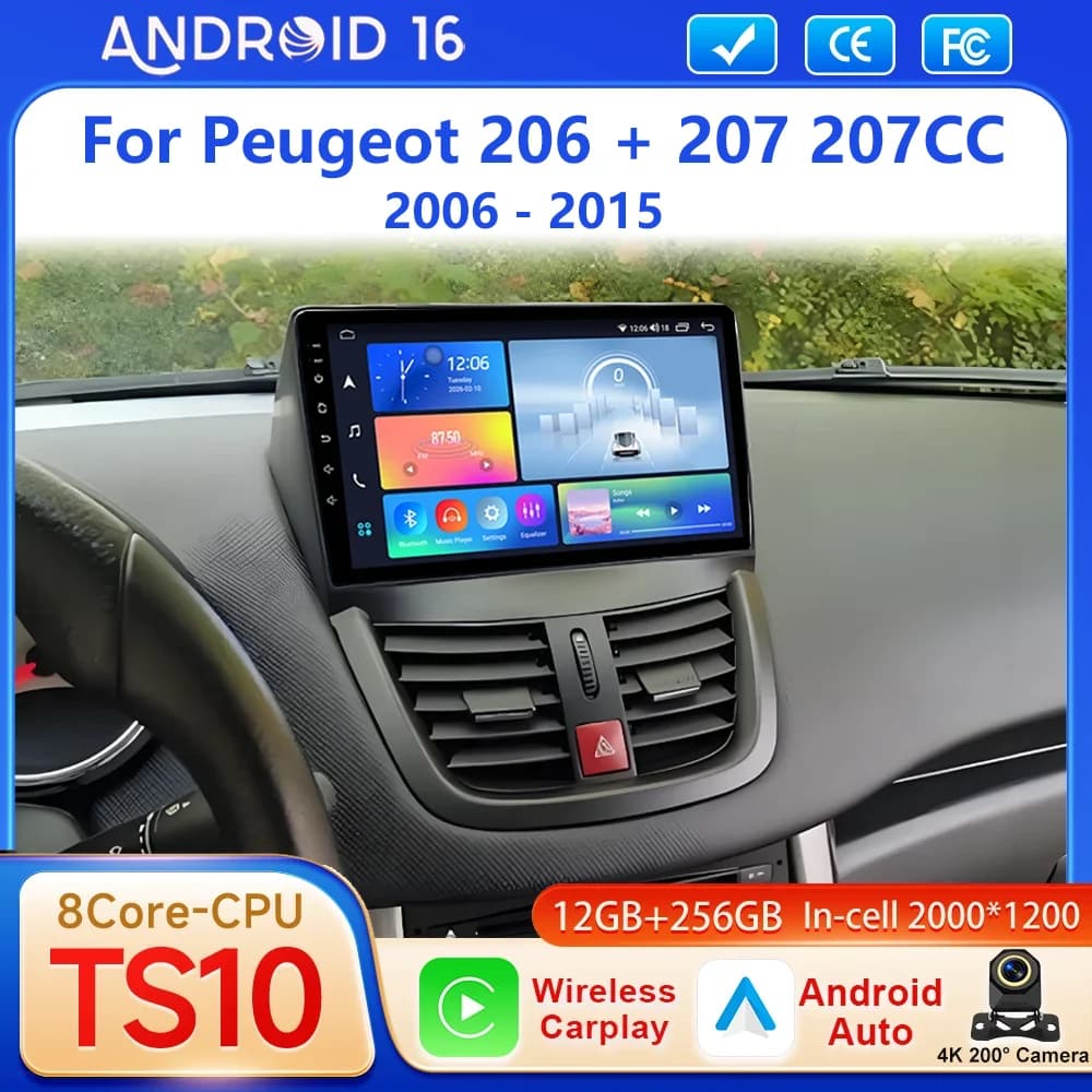 Android 16 Car Dvd Radio Stereo For Peugeot 206 + 207 207CC 2006 -2015 Auto Wireless Carplay Car Multimedia Video Player WIFI 4G