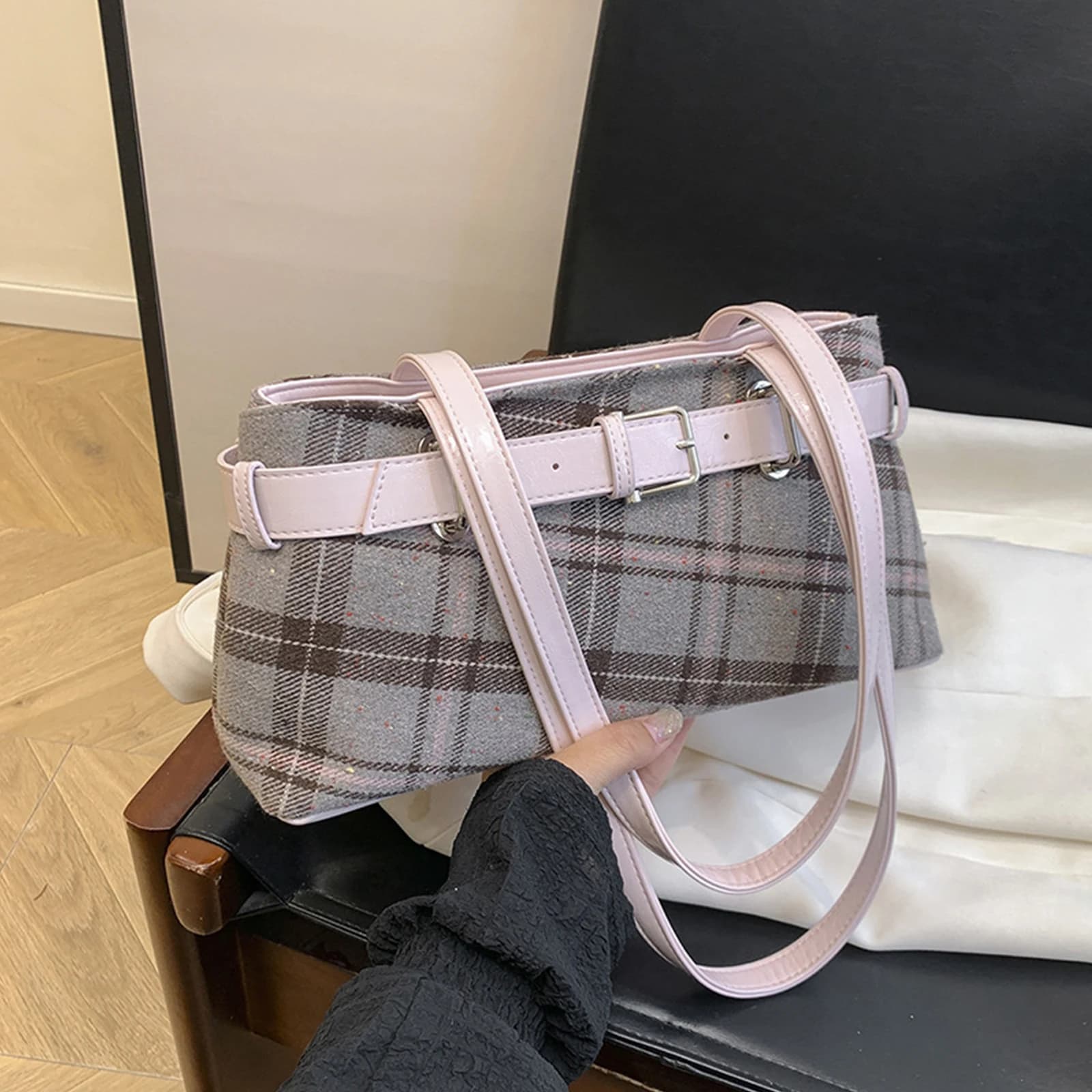 Women Girls Canvas Plaid Fashion Checkerboard Handbag with Zipper Checkered Shoulder Bag for Work Travel