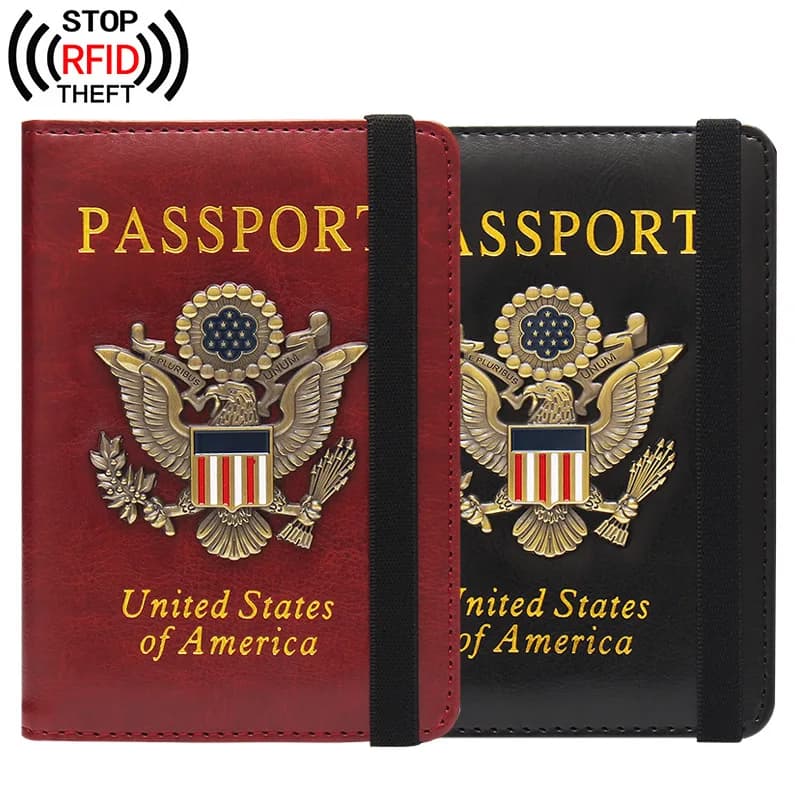 Portafoglio da viaggio in similpelle PU stile americano con clip per foto, porta passaporto multi-slot, anti-scansione RFID.