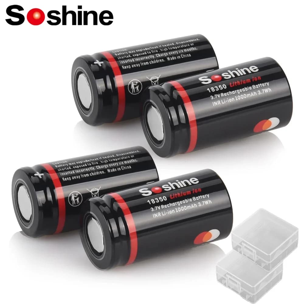 Soshine Li-ion 18350 Batteria 3.7V 1000mAh Batteria ricaricabile al litio 1000mAh Batterie per fotocamera Torce a LED Campanelli