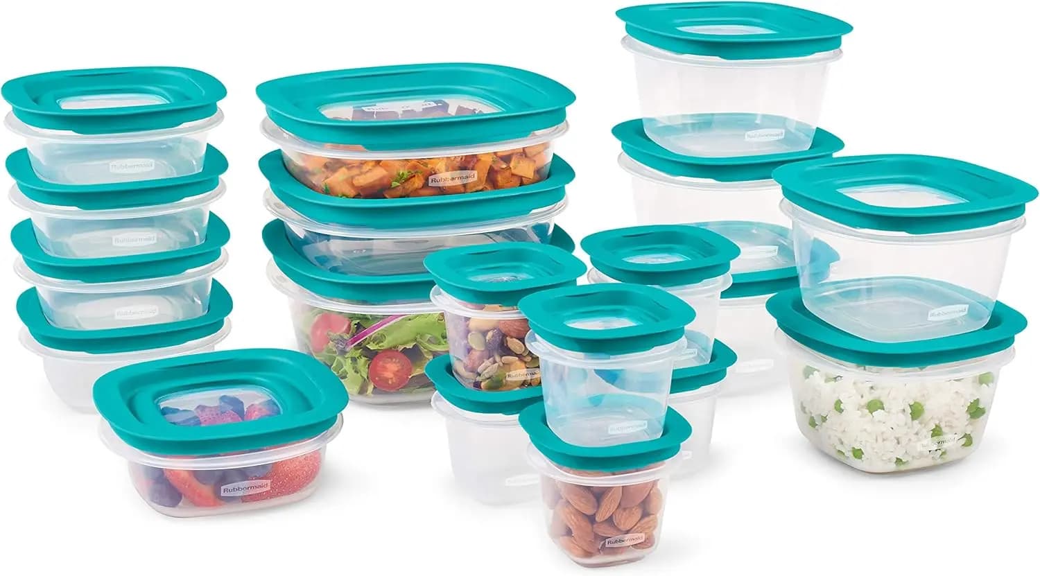 Set di 38 Contenitori per Alimenti con Basi a Scatto per Facile Organizzazione, Lavabili in Lavastoviglie, Trasparenti/Blu