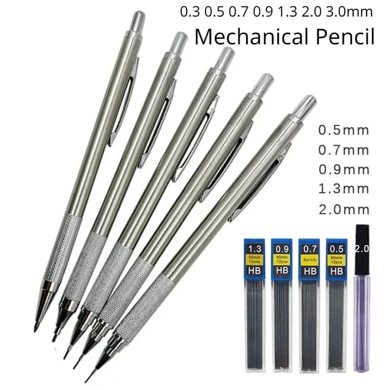 0.3 0.5 0.7 0.9 1.3 2.0 3.0mm Matita meccanica Full Metal Art Disegno Pittura Penna automatica Forniture scolastiche per ufficio Cancelleria