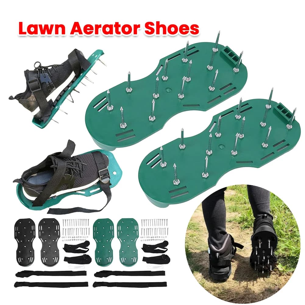Set 2/1 Scarpe Aeratrici per Prato con Punte, Sandali con Cinturino Regolabile, Strumento Antiscivolo per Aerare il Terreno del Prato
