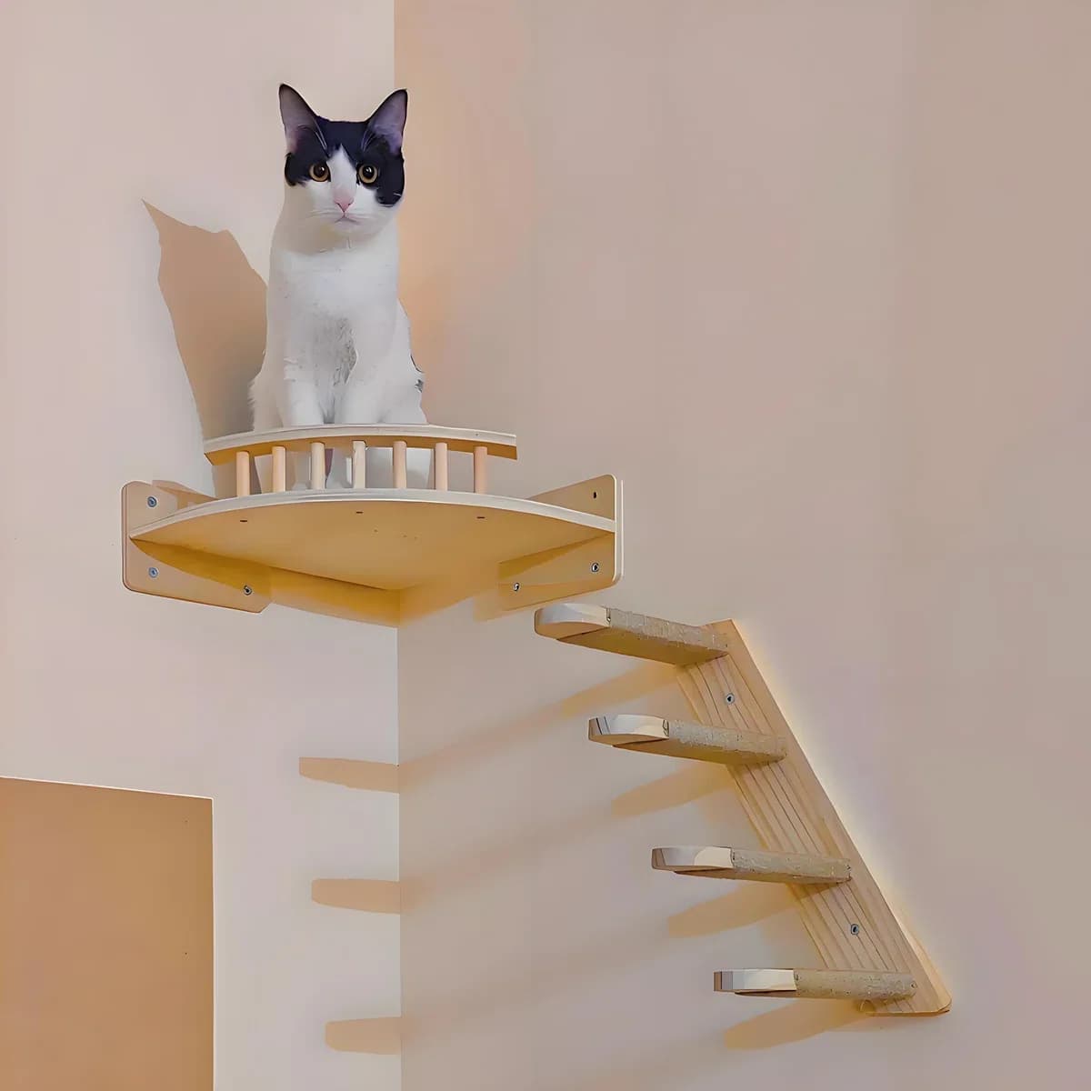 Wooden Wall Cat Furniture: Tiragraffi, Jumping Platform, Rope Scale, Climbing shelves, to sleep and play